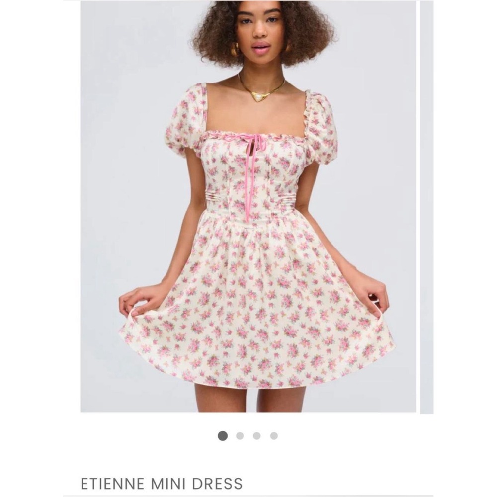 For Love & Lemons Etienne Mini Dress Puff Sleeve Cream Floral Cottagecore Small - Picture 2 of 7